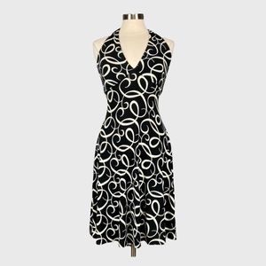 Maggy London Womens Sleeveless Halter Dress Black Ivory Scroll Print size 6